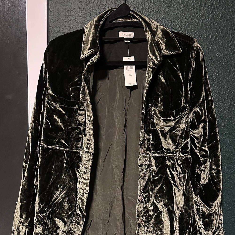 XXS Dark Olive - The Hadley Velvet Relaxed Buttondown Shirt by Pilcro